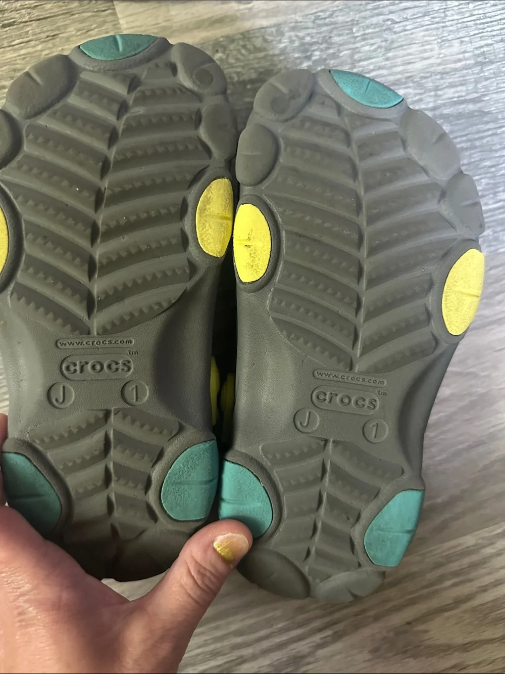 CROCS all terrain Clogs in Gray with Yellow Heel Strap kids size J1